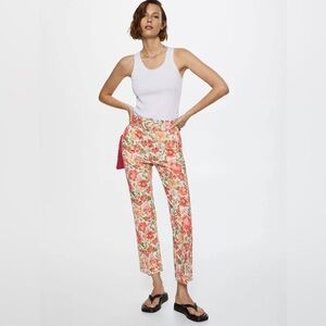 MNG Floral Linen Cotton Blend Belted Ankle Length High Waist Trousers 6 Office